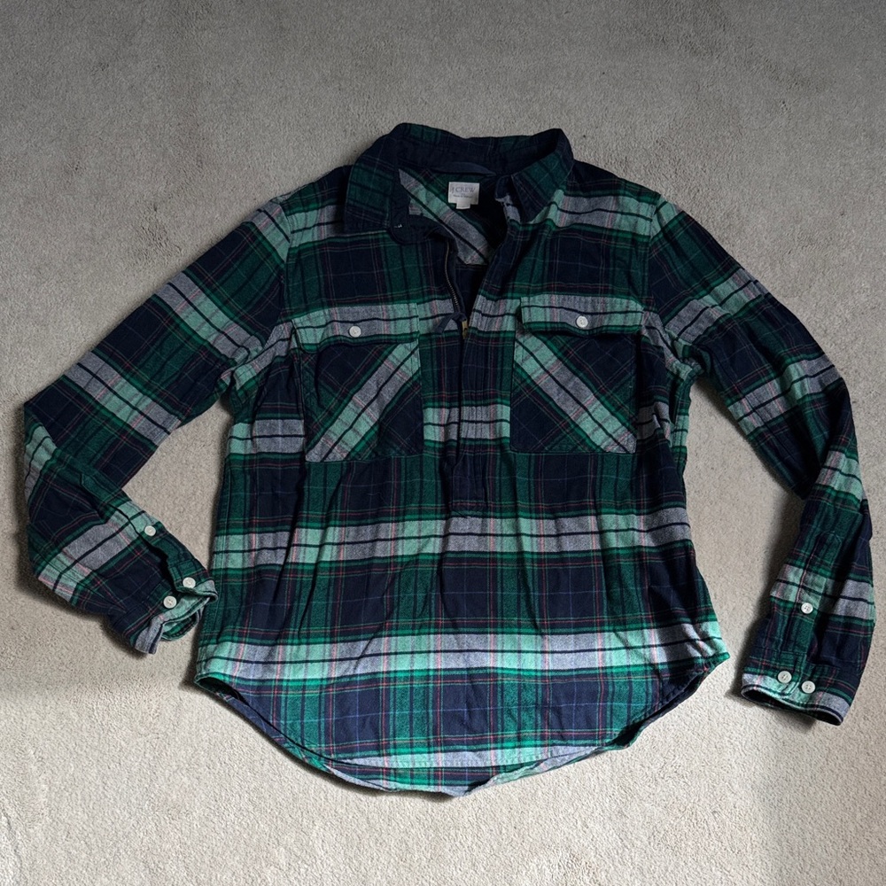 J. Crew Green and Navy Quarter-Zip Flannel Shirt